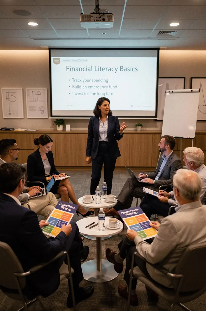 Személyes pénzügyi tanácsadás irodában, pénzügyi tervek megvitatása ügyféllel.